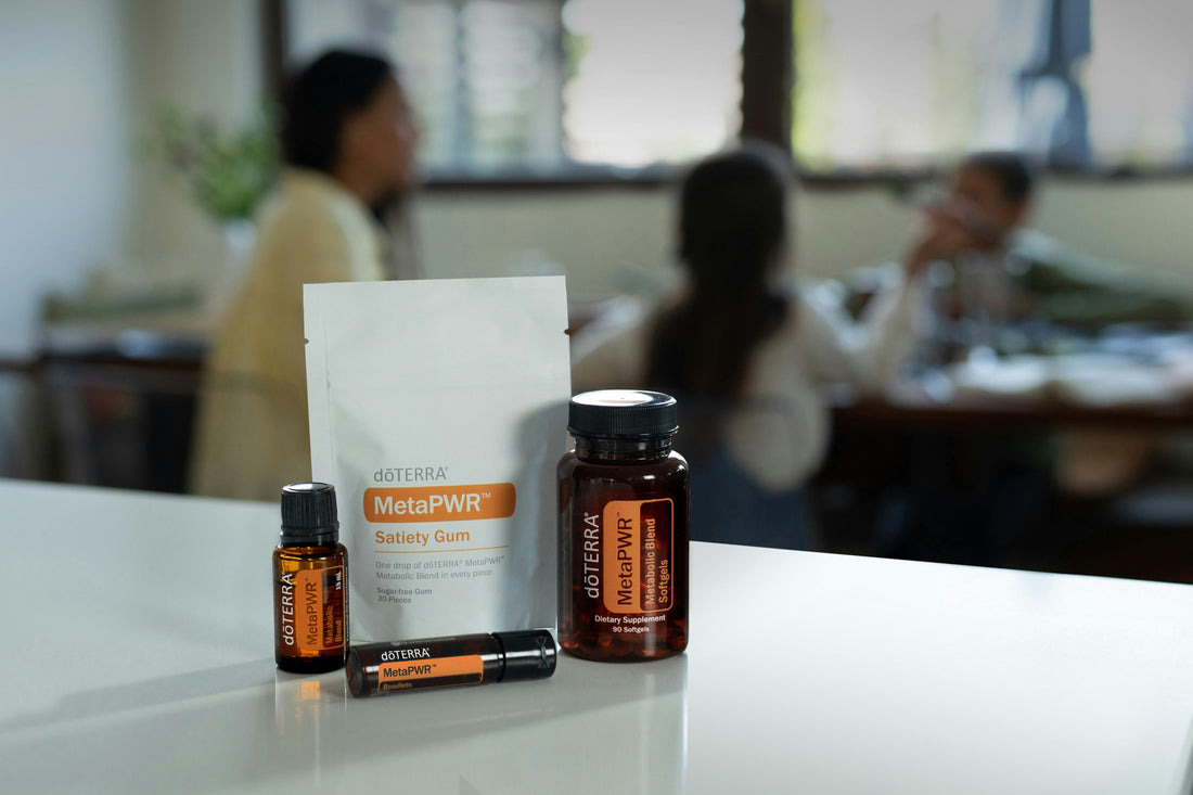 dōTERRA essential oil bottles on a kitchen counter