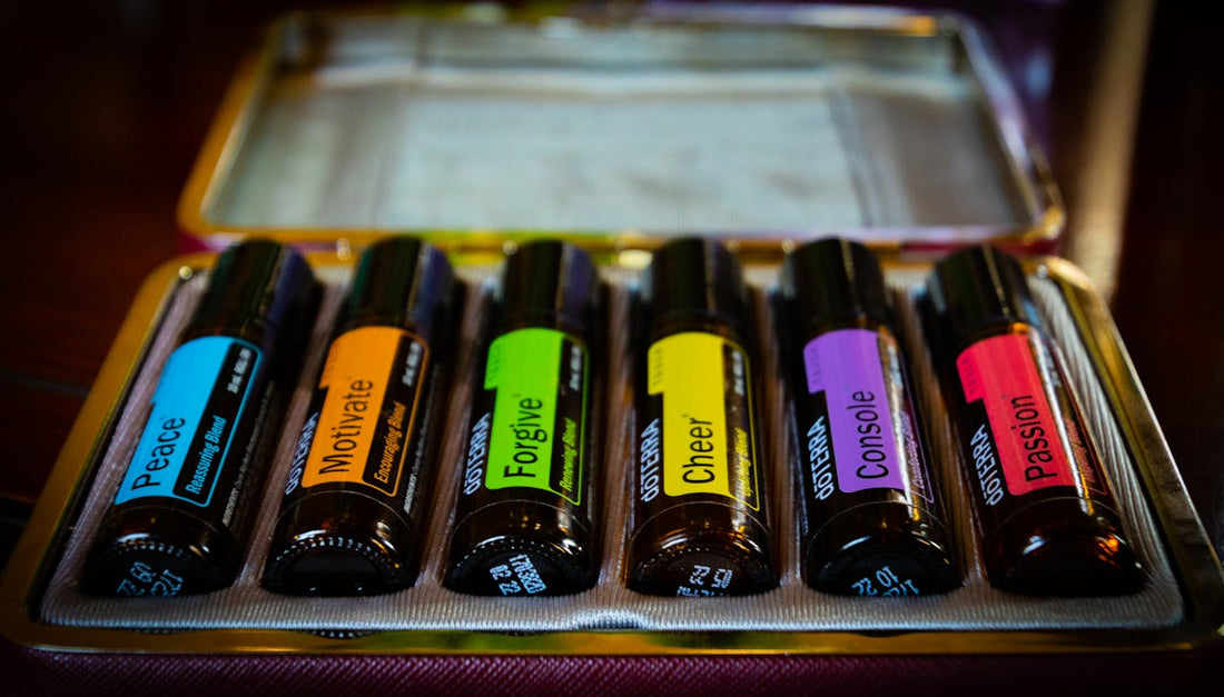 A case of essential oils with coloured labels