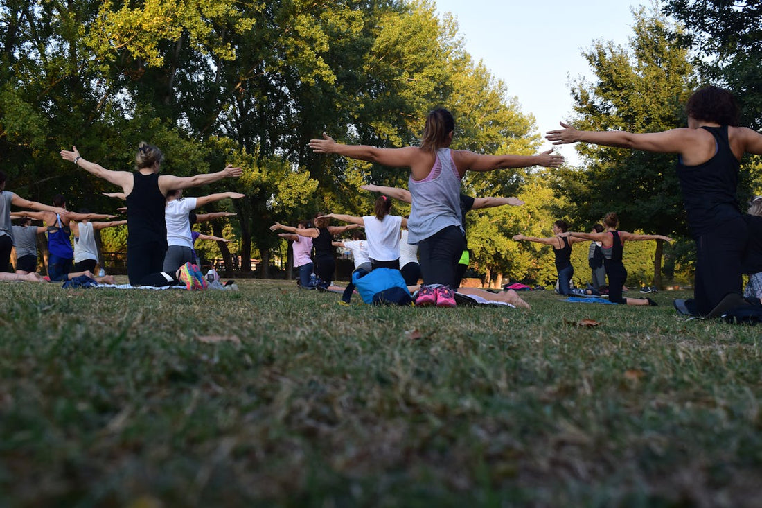 People stretching outdoors among trees
