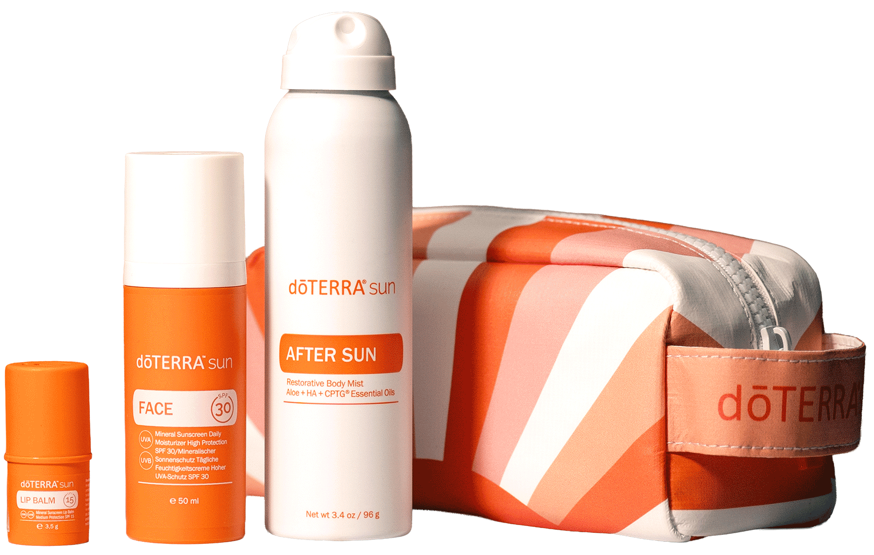 dōTERRA sun care travel kit with sunscreen, lip balm and after sun spray