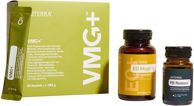 dōTERRA Wellness Made Simple bundle with VMG+, EO Mega+ softgels and PB Restore
